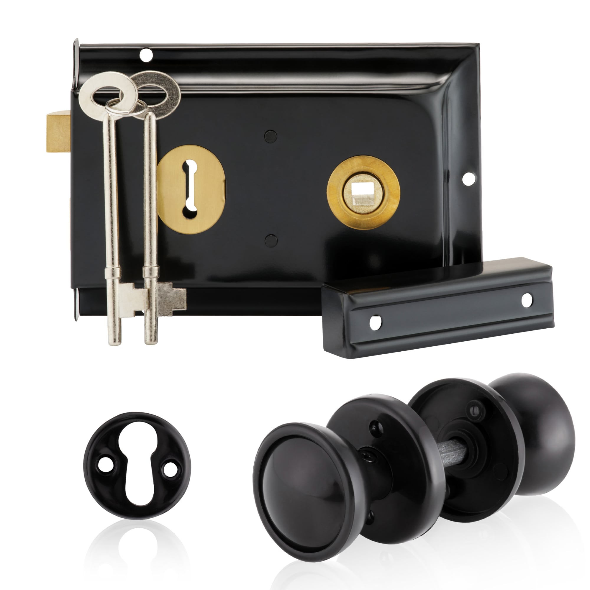 One Touch Rim Lock XFORT Rim Lock Set, Complete Set with Rim Knobs and Escutcheons