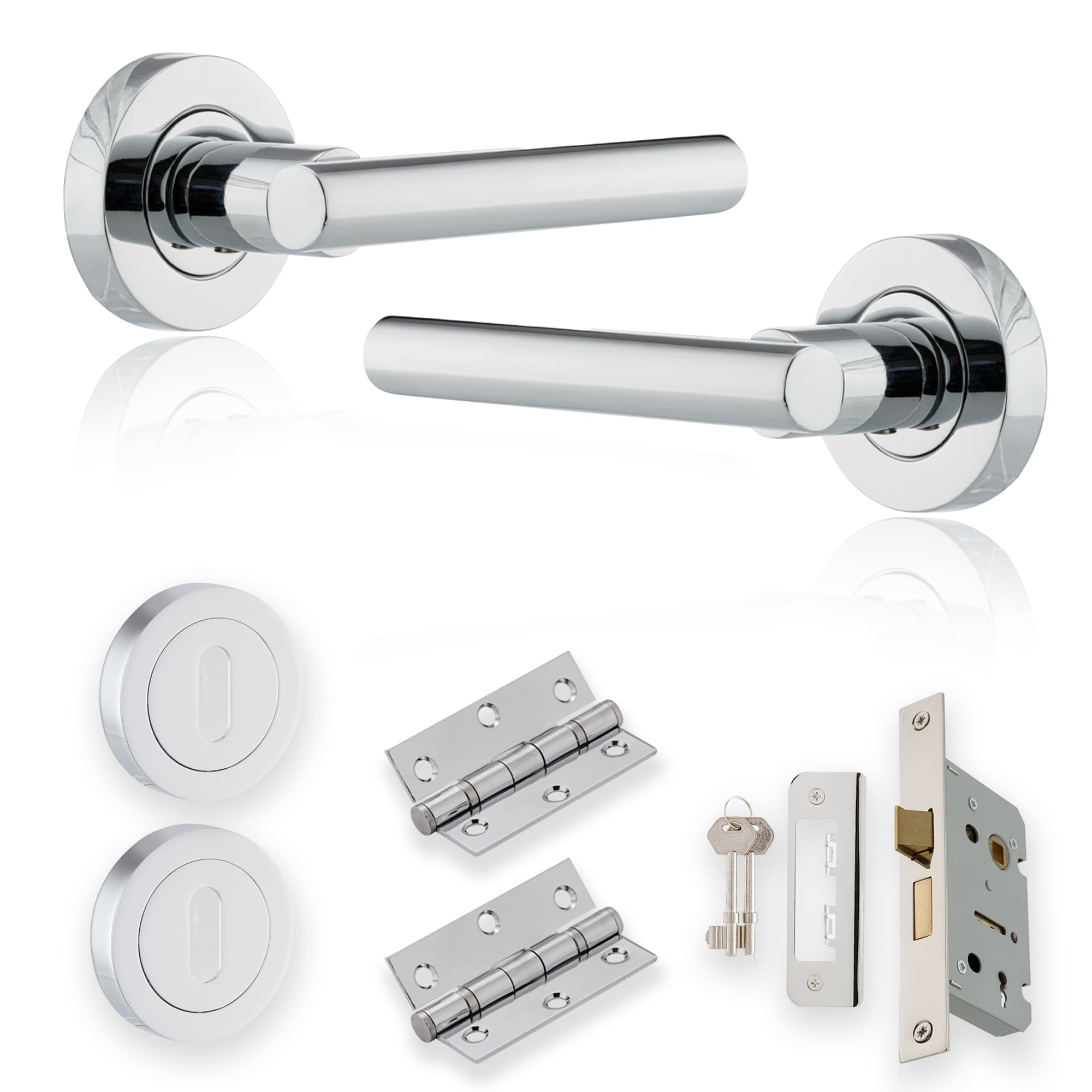 Brushed Steel Door Lever Handles With Sash Lock – Privacy Bedroom/Bathroom Handle Set, Includes 7 Keys, Silver Finish